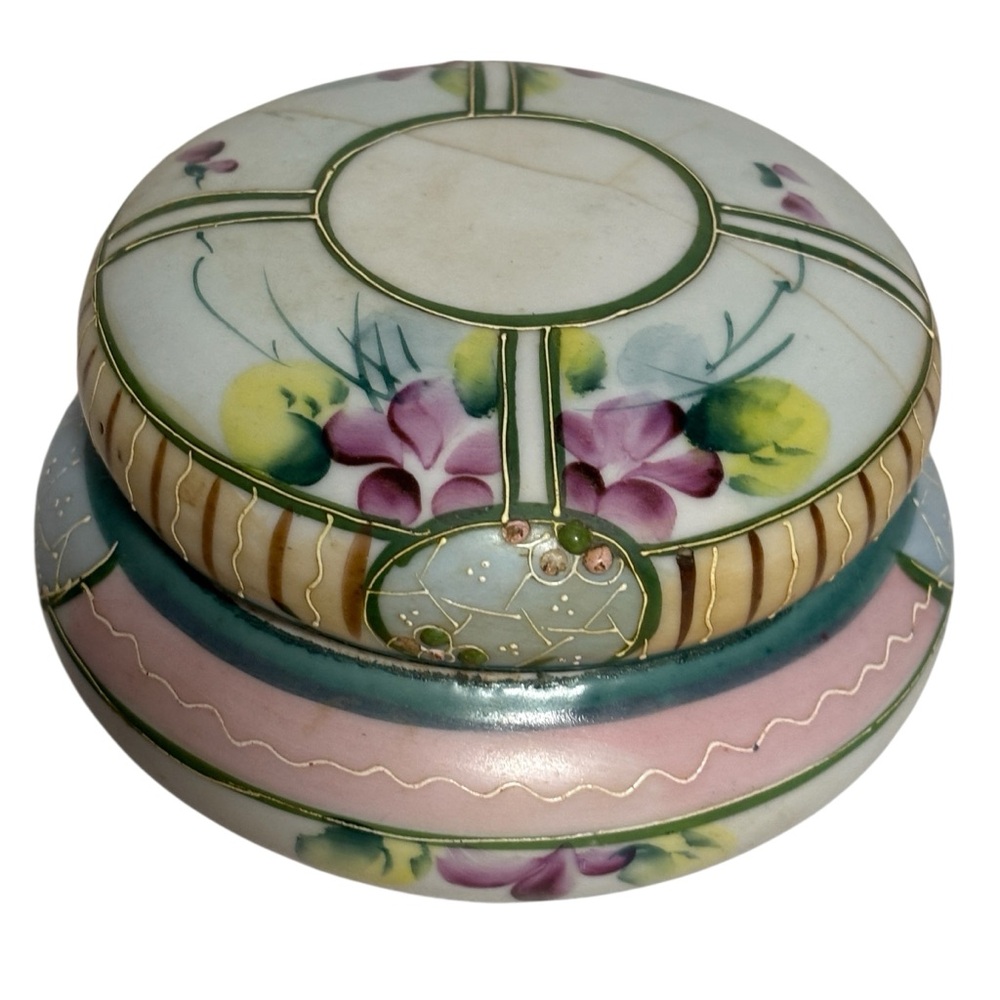 VTG Vanity Porcelain Hair Receiver Powder Container Japan Nippon 1920s. & wooden